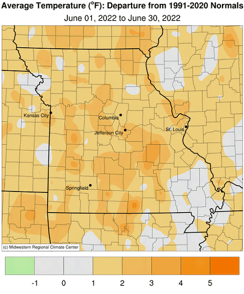 Average Temperature (°F): Departure from 1991-2020 Normals June 01, 2022 to June 30, 2022