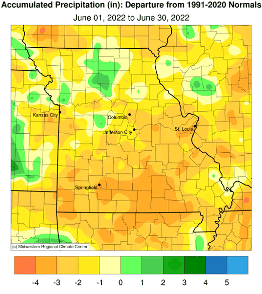 Accumulated Precipitation (in): Departure from 1991-2020 Normals June 01, 2022 to June 30, 2022