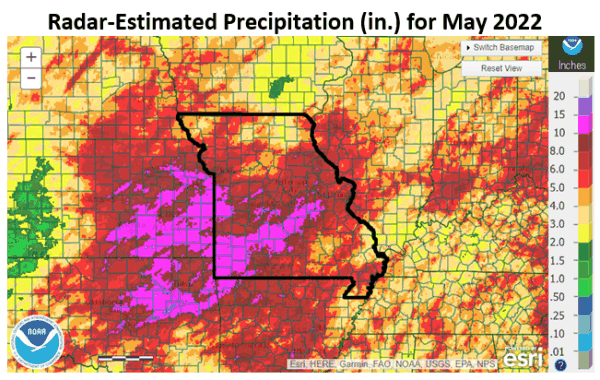 Radar-Estimated Precipitation (in) for May 2022