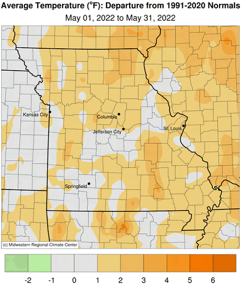 Average Temperature (°F): Departure from 1991-2020 Normals May 01, 2022 to May 31, 2022
