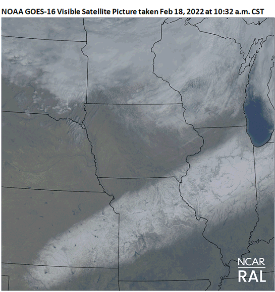NOAA GOES-16 Visible Satellite Picture taken Feb 18, 2022 at 10:32 a.m. CST