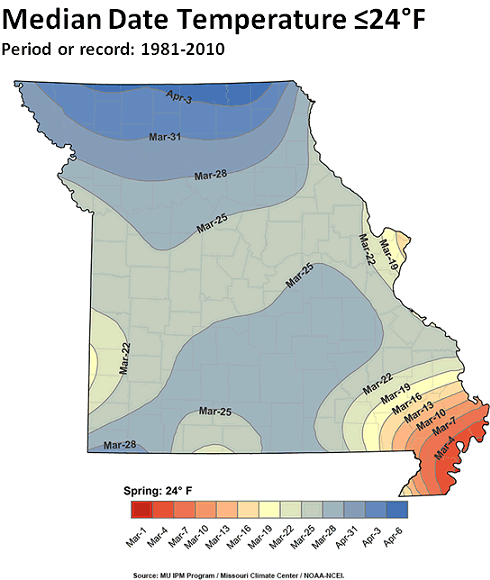 Median Date Temperature ≤24°F Period or record: 1981-2010