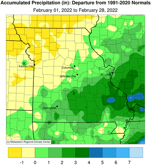 Accumulated Precipitation (in): Departure from 1991-2020 Normals February 01, 2022 to February 28, 2022