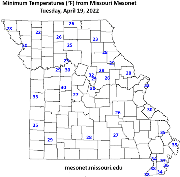 Minimum Temperatures (°F) from Missouri Mesonet - Tuesday, April 19, 2022