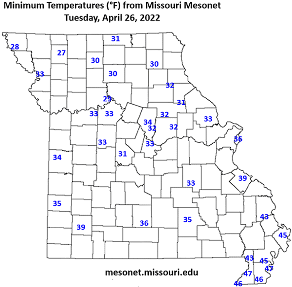 Minimum Temperatures (°F) from Missouri Mesonet - Tuesday, April 26, 2022