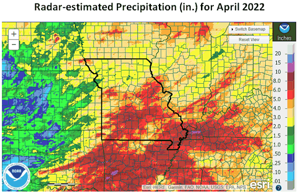 Radar-Estimated Precipitation (in) for April 2022