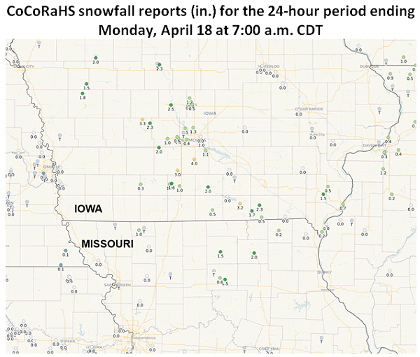 CoCoRaHS snowfall reports (in.) for the 24-hour period ending Monday, April 18 at 7:00 a.m. CDT