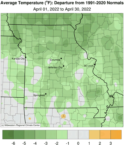 Average Temperature (°F): Departure from 1991-2020 Normals April 01, 2022 to April 30, 2022