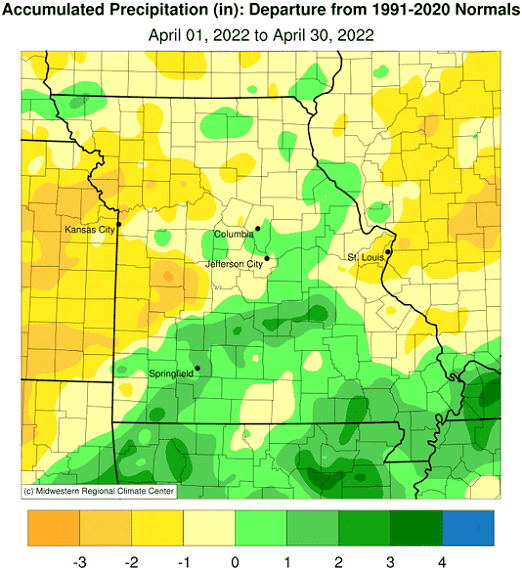 Accumulated Precipitation (in): Departure from 1991-2020 Normals April 01, 2022 to April 30, 2022