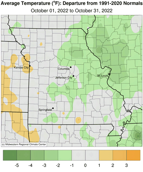 Average Temperature (°F): Departure from 1991-2020 Normals October 01, 2022 to October 31, 2022