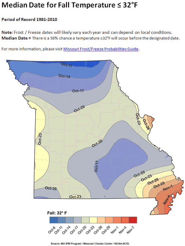 Median Date for Fall Temperature ≤32°F - Period of Record 1981-2010