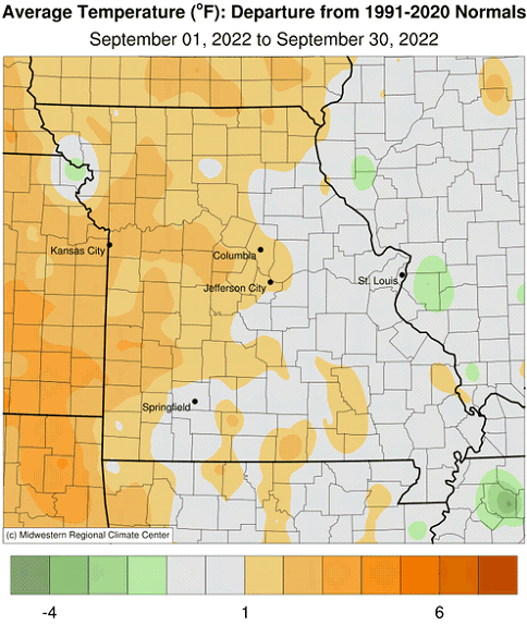 Average Temperature (°F): Departure from 1991-2020 Normals September 01, 2022 to September 30, 2022