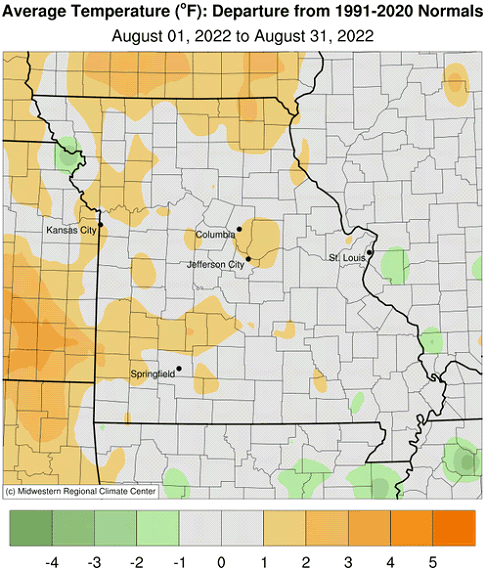 Average Temperature (°F): Departure from 1991-2020 Normals August 01, 2022 to August 31, 2022