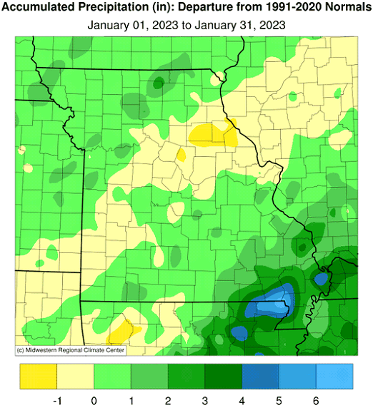 Accumulated Precipitation (in): Departure from 1991-2020 Normals January 01, 2023 to January 31, 2023