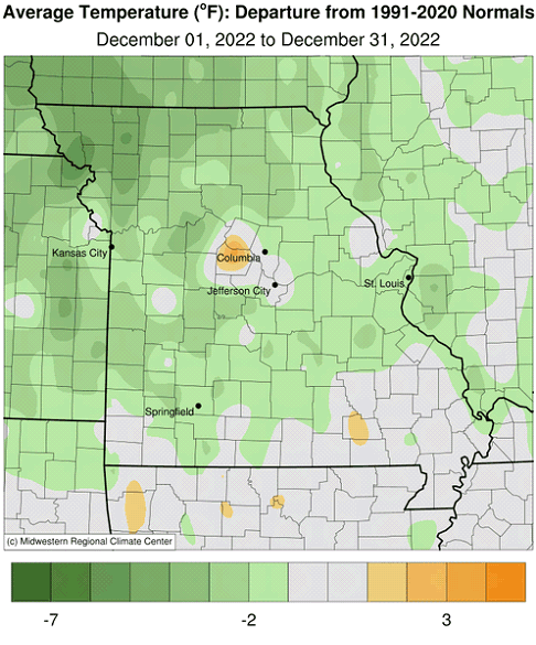 Average Temperature (°F): Departure from 1991-2020 Normals December 01, 2022 to December 31, 2022