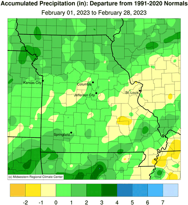 Accumulated Precipitation (in): Departure from 1991-2020 Normals February 01, 2023 to February 28, 2023