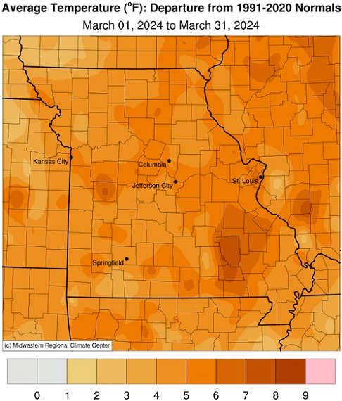 Average Temperature (°F): Departure from 1991-2020 Normals - March 01, 2024 to March 31, 2024