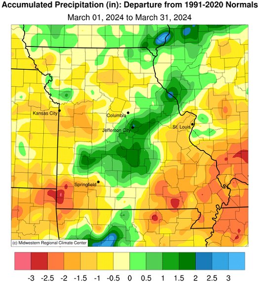 Accumulated Precipitation (in): Departure from 1991-2020 Normals - March 01, 2024 to March 31, 2024