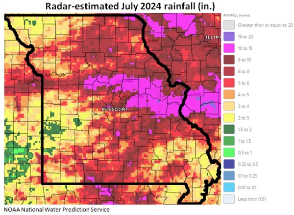 Radar-estimated July 2024 rainfall (in.) NOAA National Water Prediction Service