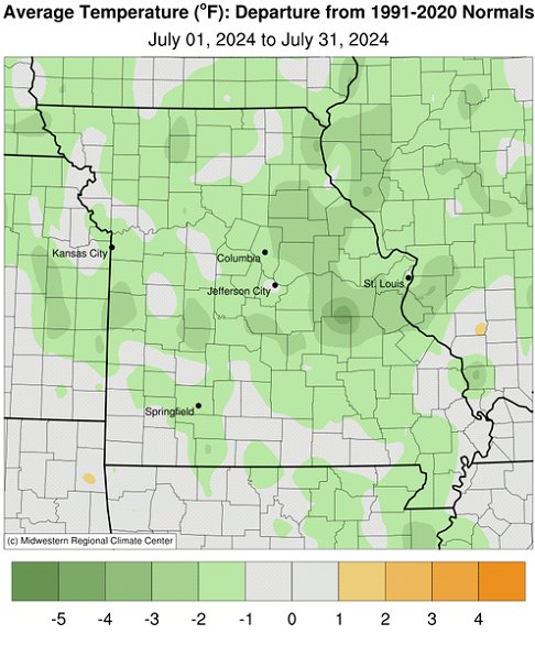 Average Temperature (°F): Departure from 1991-2020 Normals July 01, 2024 to July 31, 2024