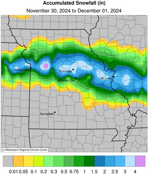 Accumulated Snowfall (in.) November 30, 2024 to December 01, 2024