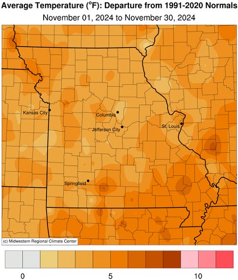 Average Temperature (°F): Departure from 1991-2020 Normals November 01, 2024 to November 30, 2024