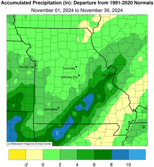 Accumulated Precipitation (in): Departure from 1991-2020 Normals November 01, 2024 to November 30, 2024