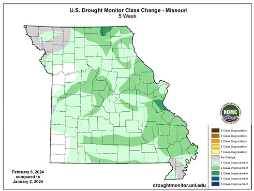 U.S. Drought Monitor Class Change - Missouri January 2, 2024 to February 6, 2024