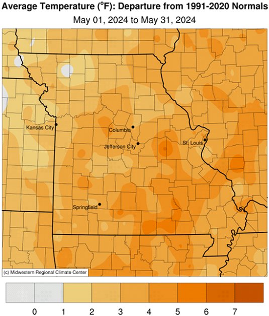 Average Temperature (°F): Departure from 1991-2020 Normals - May 01, 2024 to May 31, 2024