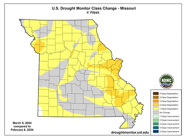 U.S. Drought Monitor Class Change - Missouri March 5, 2024 compared to February 6, 2024