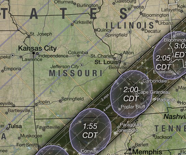 NASA map showing path and timing of the solar eclipse over Missouri, April 8, 2024.