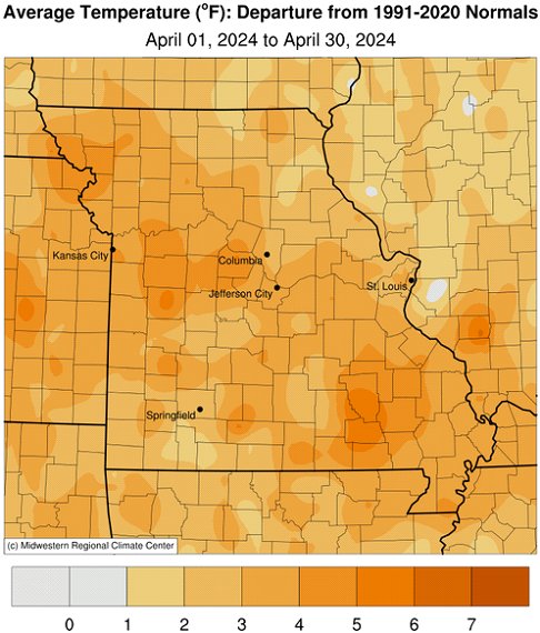 Average Temperature (°F): Departure from 1991-2020 Normals - April 01, 2024 to April 30, 2024