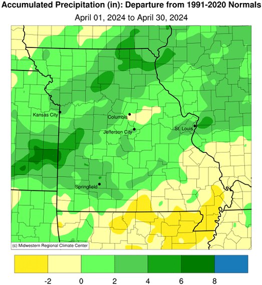 Accumulated Precipitation (in): Departure from 1991-2020 Normals - April 01, 2024 to April 30, 2024