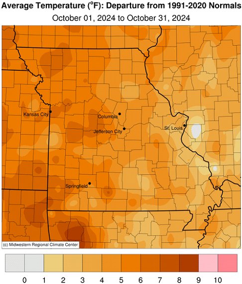 Average Temperature (°F): Departure from 1991-2020 Normals October 01, 2024 to October 31, 2024