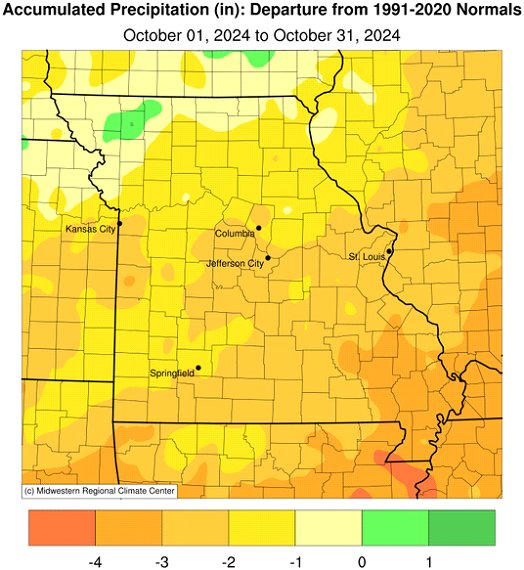 Accumulated Precipitation (in): Departure from 1991-2020 Normals October 01, 2024 to October 31, 2024