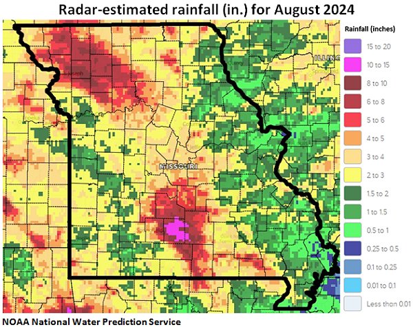 Radar-estimated rainfall (in.) for August 2024 NOAA National Water Prediction Service