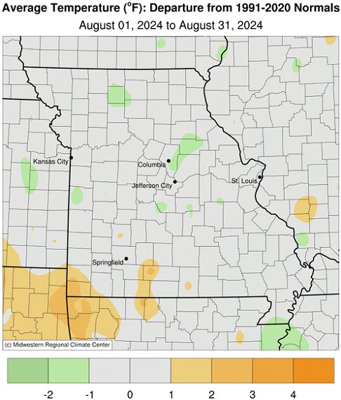 Average Temperature (°F): Departure from 1991-2020 Normals August 01, 2024 to August 31, 2024
