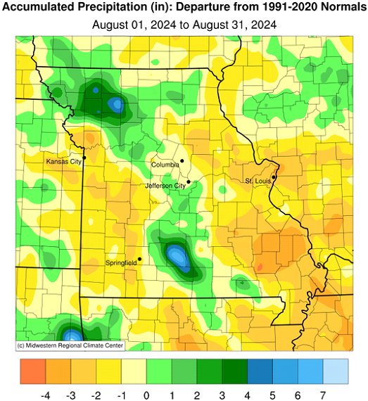 Accumulated Precipitation (in): Departure from 1991-2020 Normals August 01, 2024 to August 11, 2024