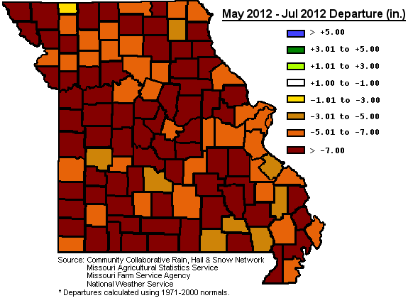 May 2012 to July 2012 Precipitation Departure in inches