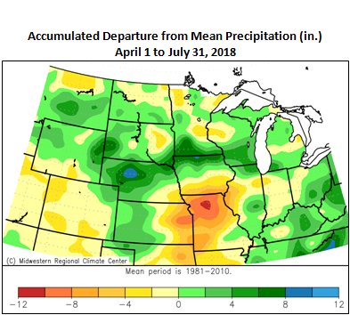 Accumulated Departure from Mean Precipitation (in.), April 1 to July 31, 2018