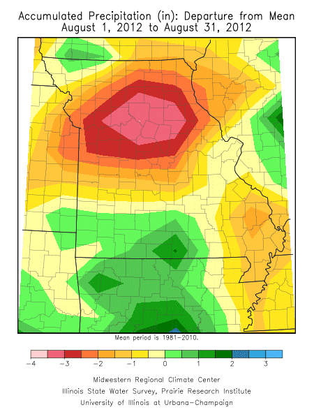Accumulated Precipitation Departure from Mean, August 1, 2012 to August 31, 2012