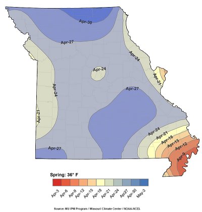 A map from MU Extensions Frost/Freeze Probabilities Guide.