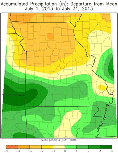 Accumulated Precipitation (in): Departure from Mean July 1, 2013 to July 31, 2013