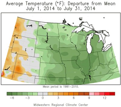 Average Temperature (°F): Departure from Mean, July 1 - July 31, 2014.