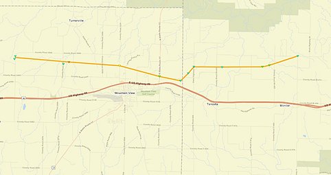 Figure 3. The path of the May 26 EF-3 tornado (yellow) along I-60 (red). (Photo courtesy of Springfield, MO NWS Office)