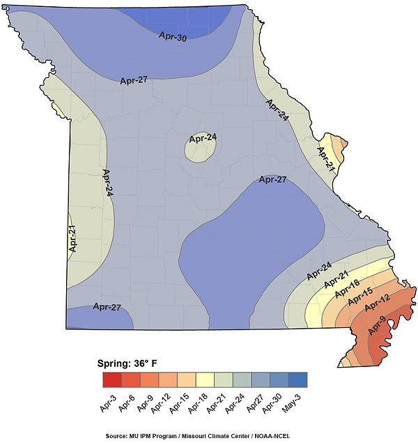 Map from MU Extension's Frost/Freeze Probabilities Guide.