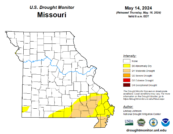 As of May 14, less than 20% of Missouri is classified as abnormally dry or in moderate drought.