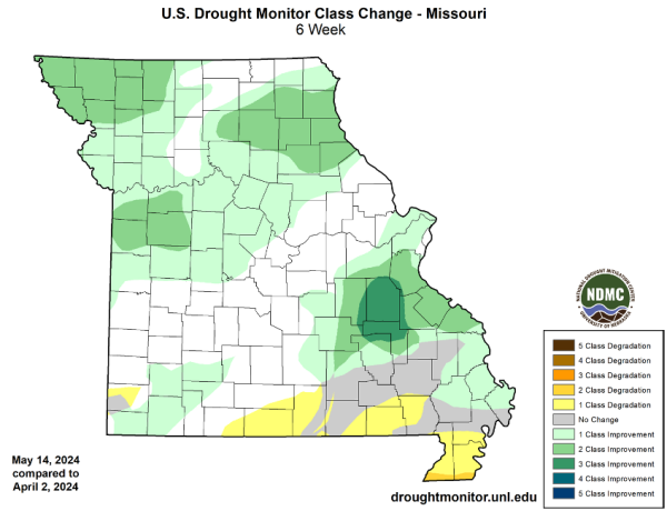 From April 2 to May 14, 2024, Missouri has seen significant improvement in drought status.